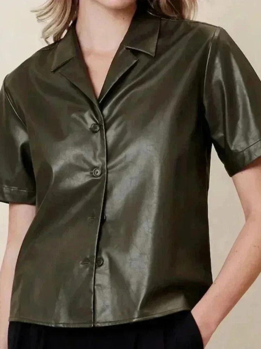 Black vegan leather Short-Sleeve Button Front Shirt